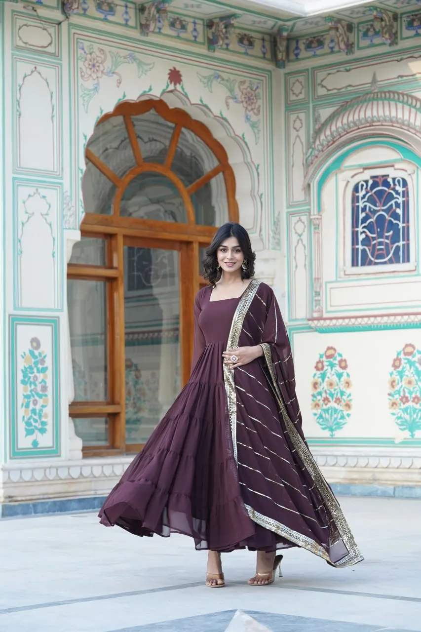 Alluring Brown Faux Georgette Gown with Sequined Dupatta