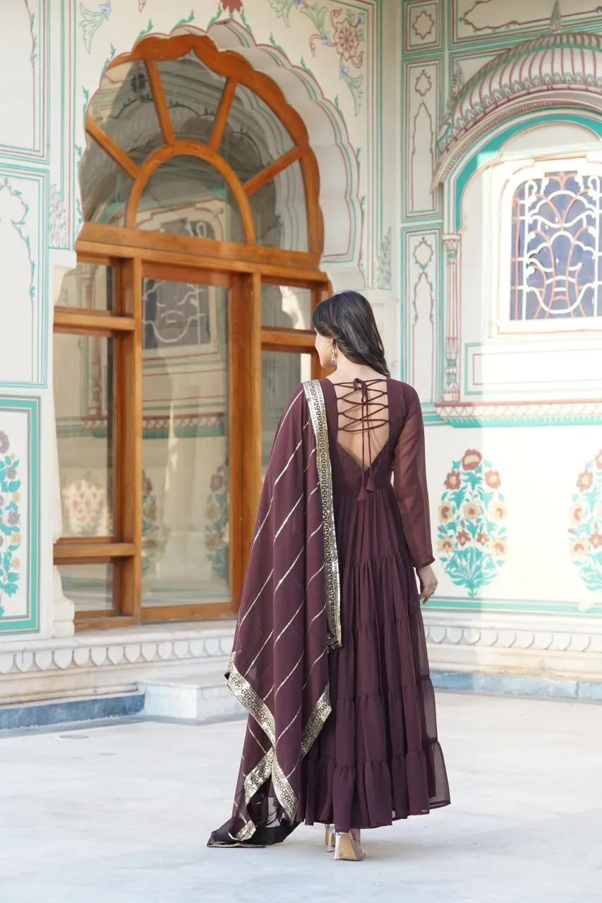 Alluring Brown Faux Georgette Gown with Sequined Dupatta