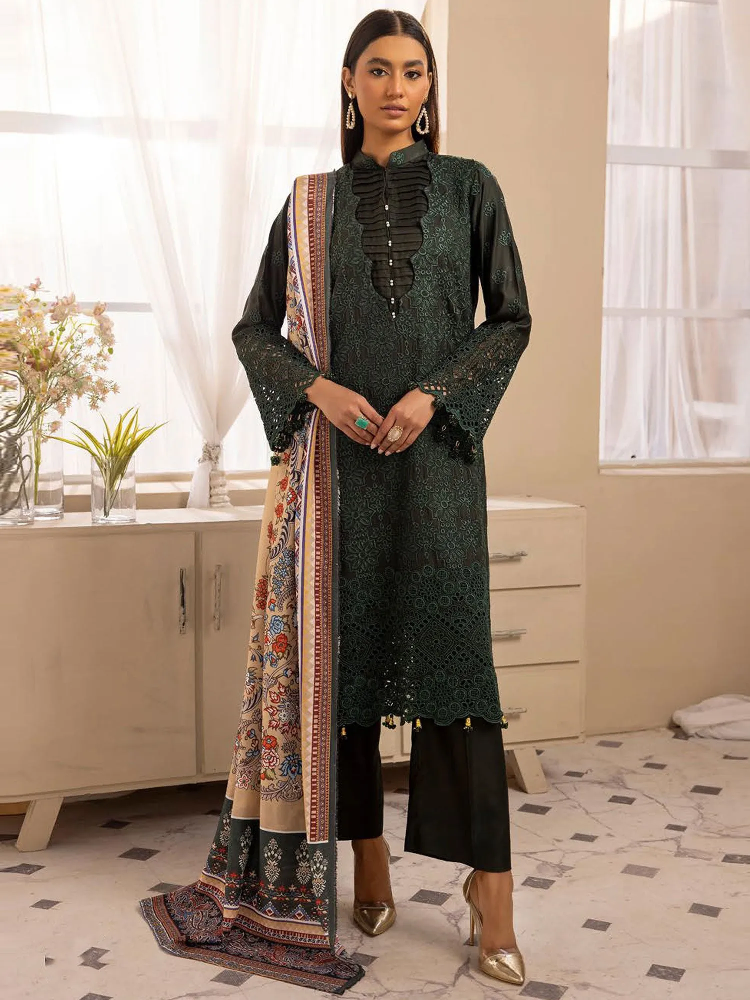 Ally's "Inarah" Green Chikankari Sateen Twill 3-Piece Suit (AL-365)