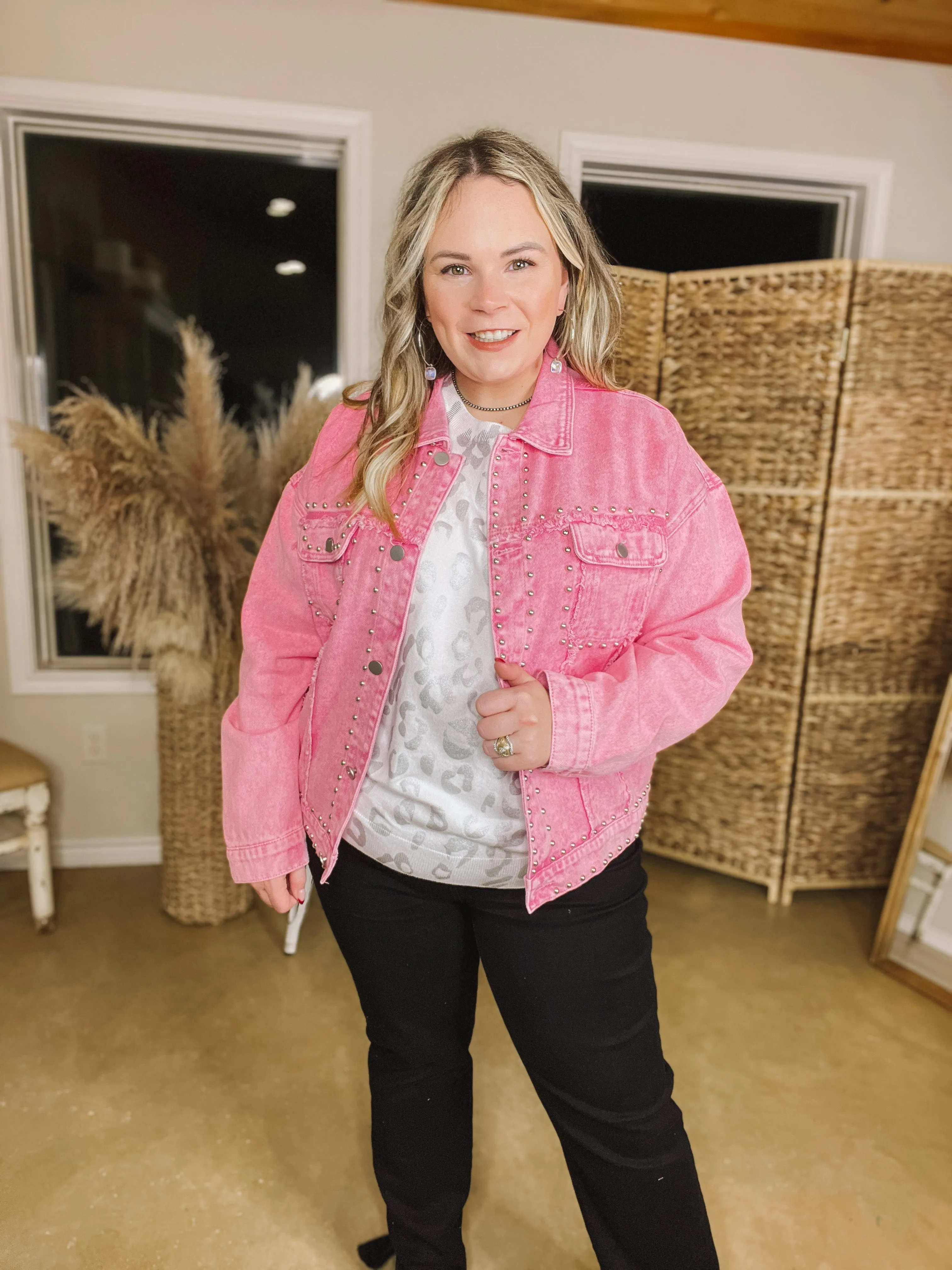 Always Impressed Cropped Denim Jacket with Silver Studs in Pink