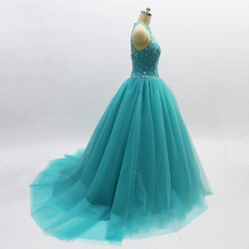 Ball Gown Turquoise Halter Beaded A-line Long Evening Prom Dresses, Cheap Sweet 16 Dresses, 18356