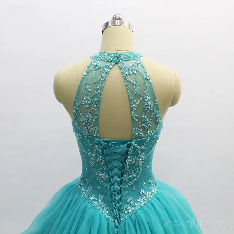 Ball Gown Turquoise Halter Beaded A-line Long Evening Prom Dresses, Cheap Sweet 16 Dresses, 18356