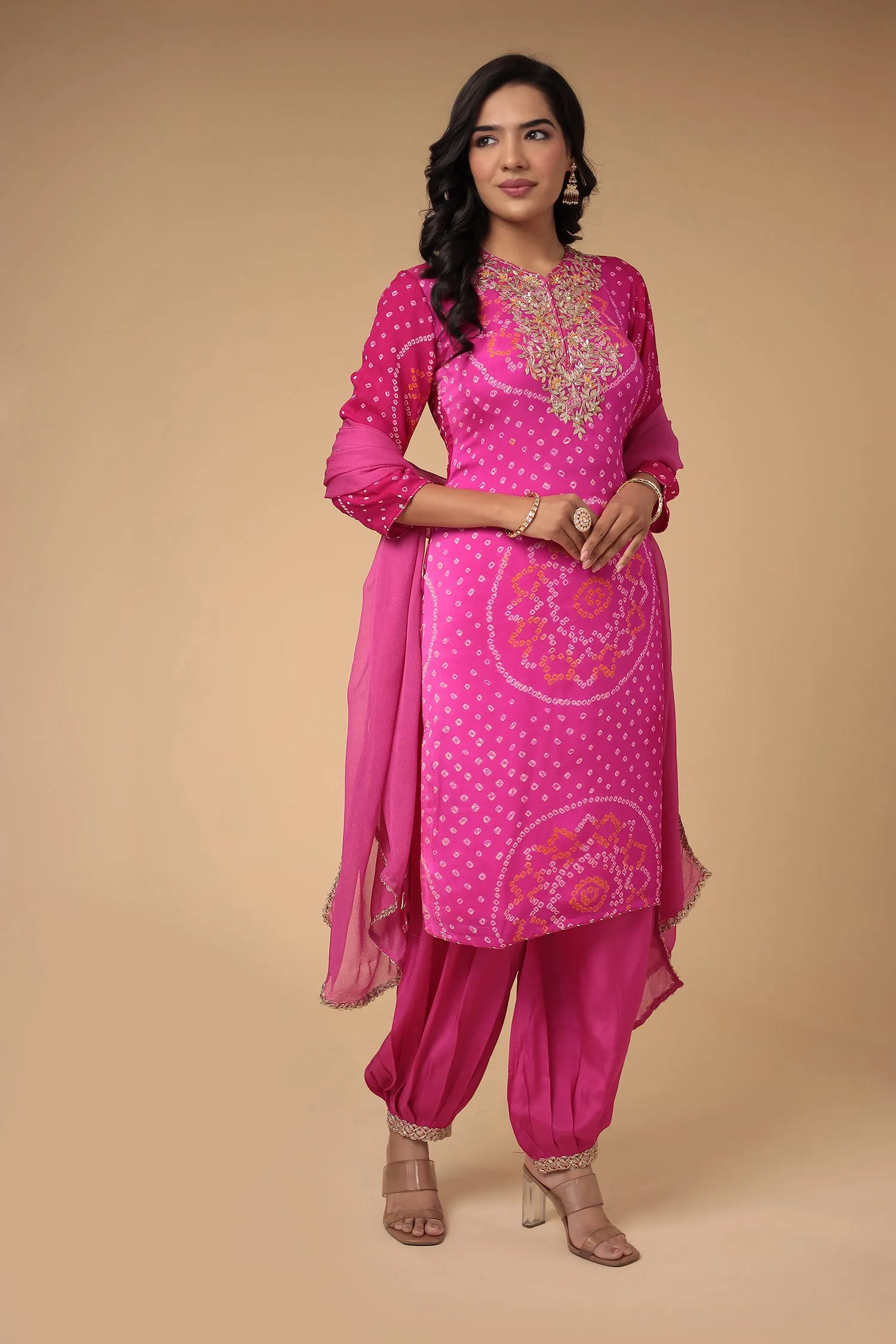 Bandhej Georgette Suit Embroidered with Gota Patti work