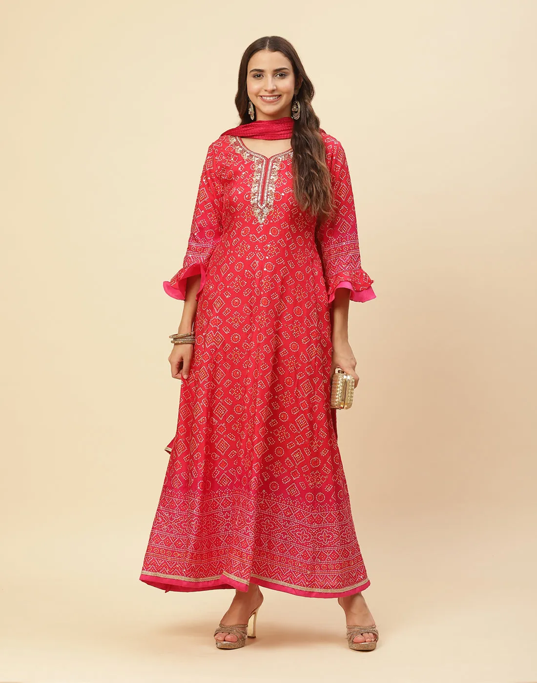 Bandhini Printed Handloom Dupion Salwar Kameez Stitched Suit With Art Silk Dupatta