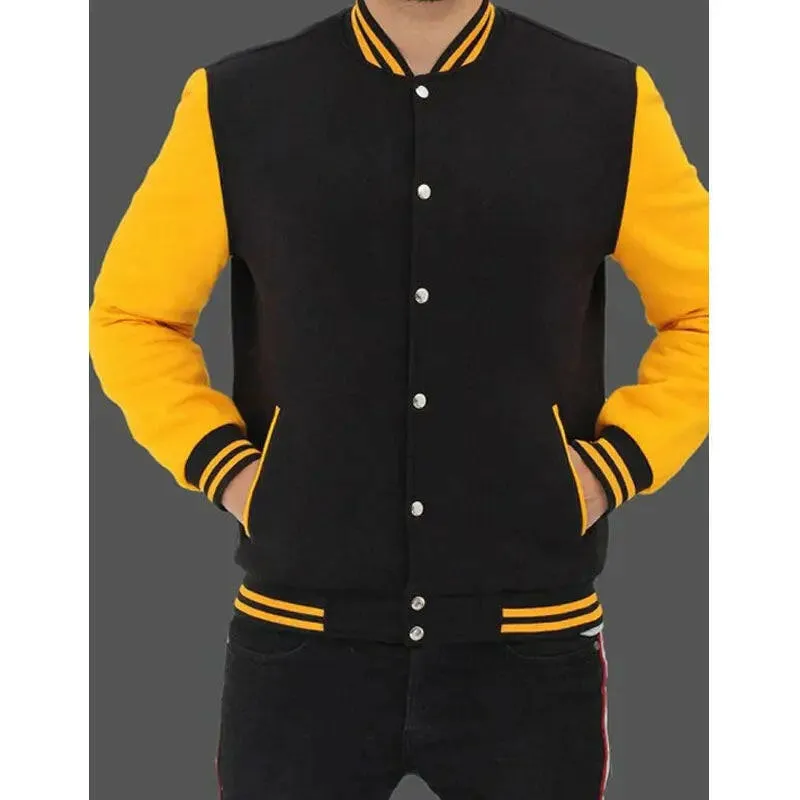 Best Sale Mens Baseball Style Black and Yellow Varsity Jackets For Boys In Discount Prices