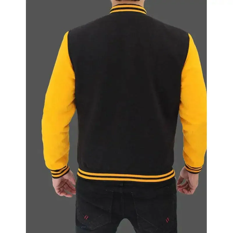 Best Sale Mens Baseball Style Black and Yellow Varsity Jackets For Boys In Discount Prices