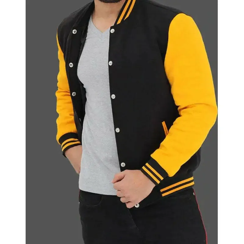 Best Sale Mens Baseball Style Black and Yellow Varsity Jackets For Boys In Discount Prices