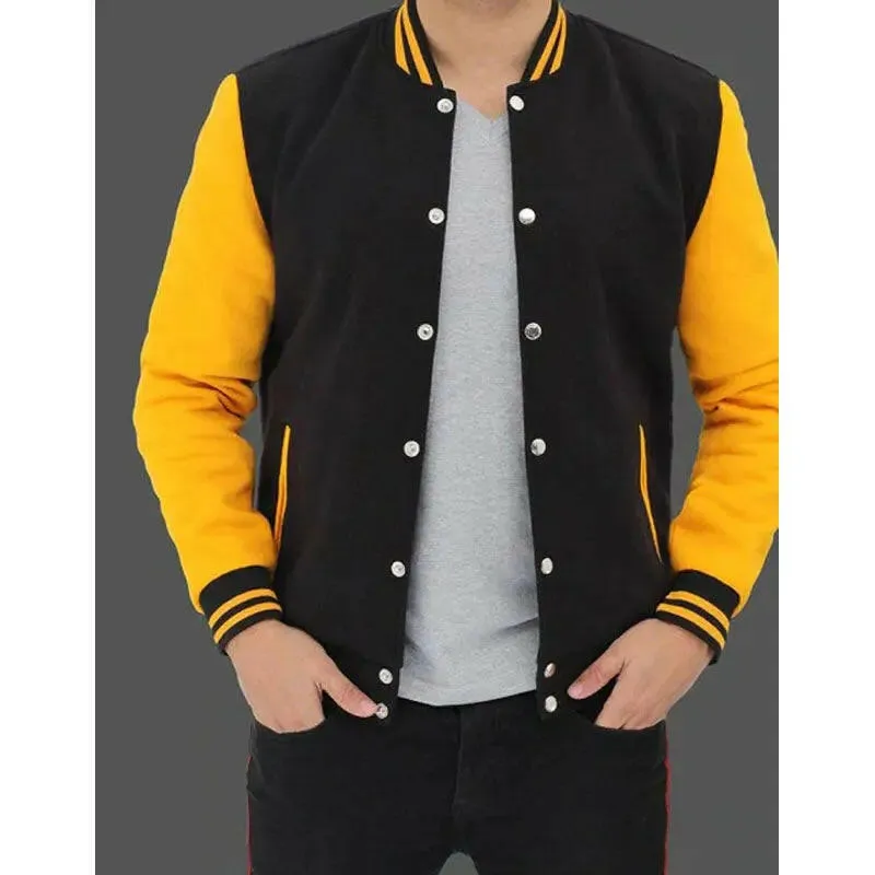 Best Sale Mens Baseball Style Black and Yellow Varsity Jackets For Boys In Discount Prices