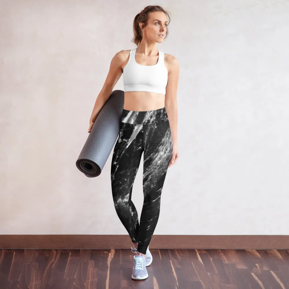 Black Abstract Marble Yoga Leggings, Grey White Black Marbled Print Women's Tights-Made in USA/EU