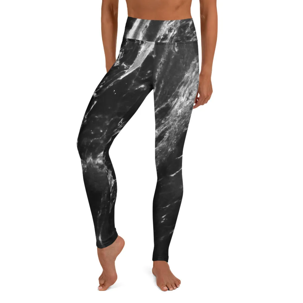 Black Abstract Marble Yoga Leggings, Grey White Black Marbled Print Women's Tights-Made in USA/EU