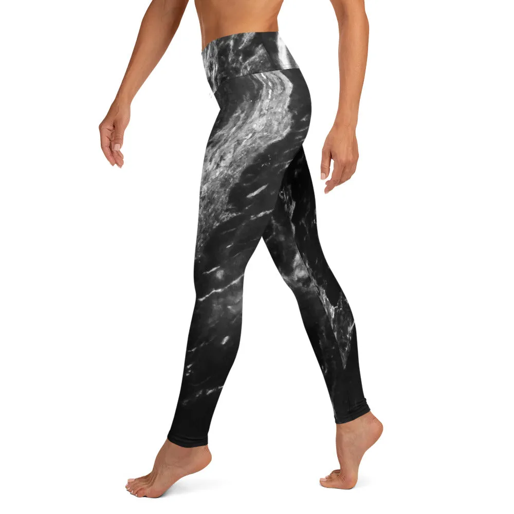 Black Abstract Marble Yoga Leggings, Grey White Black Marbled Print Women's Tights-Made in USA/EU