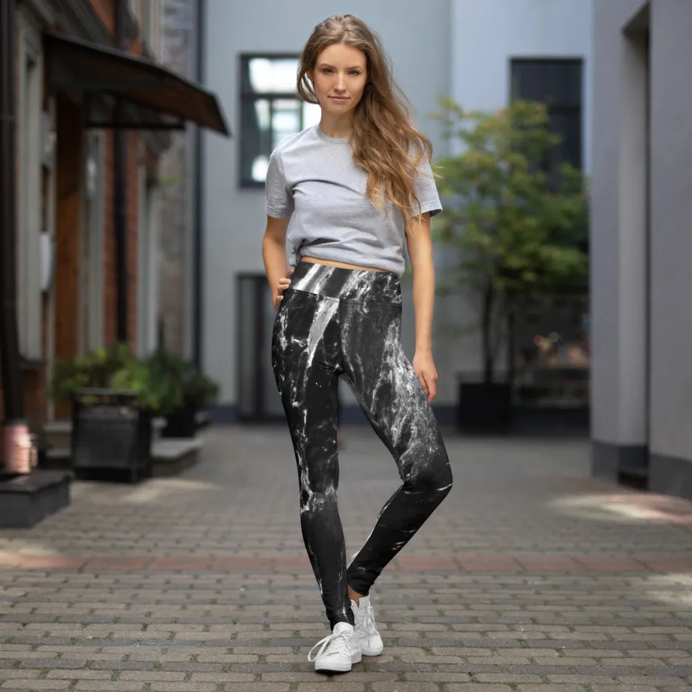 Black Abstract Marble Yoga Leggings, Grey White Black Marbled Print Women's Tights-Made in USA/EU