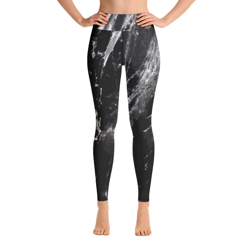 Black Abstract Marble Yoga Leggings, Grey White Black Marbled Print Women's Tights-Made in USA/EU