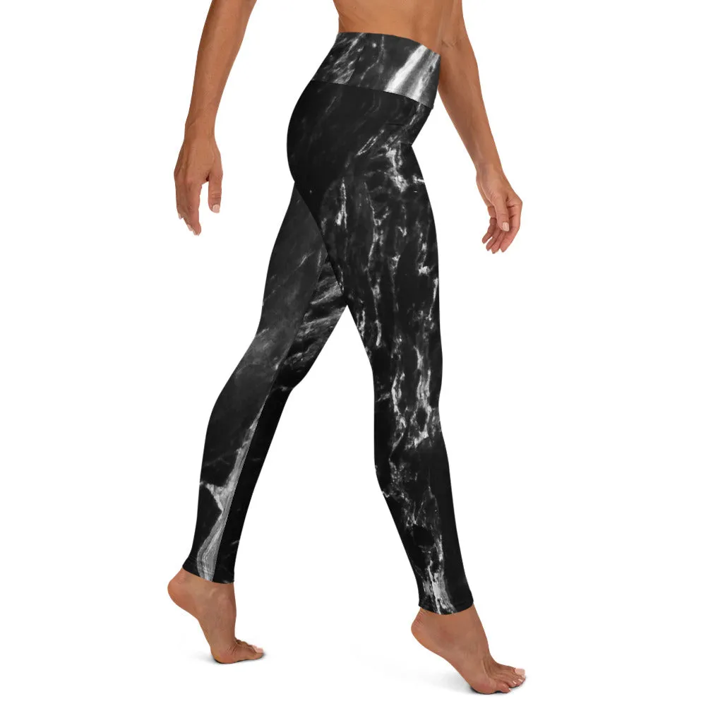 Black Abstract Marble Yoga Leggings, Grey White Black Marbled Print Women's Tights-Made in USA/EU