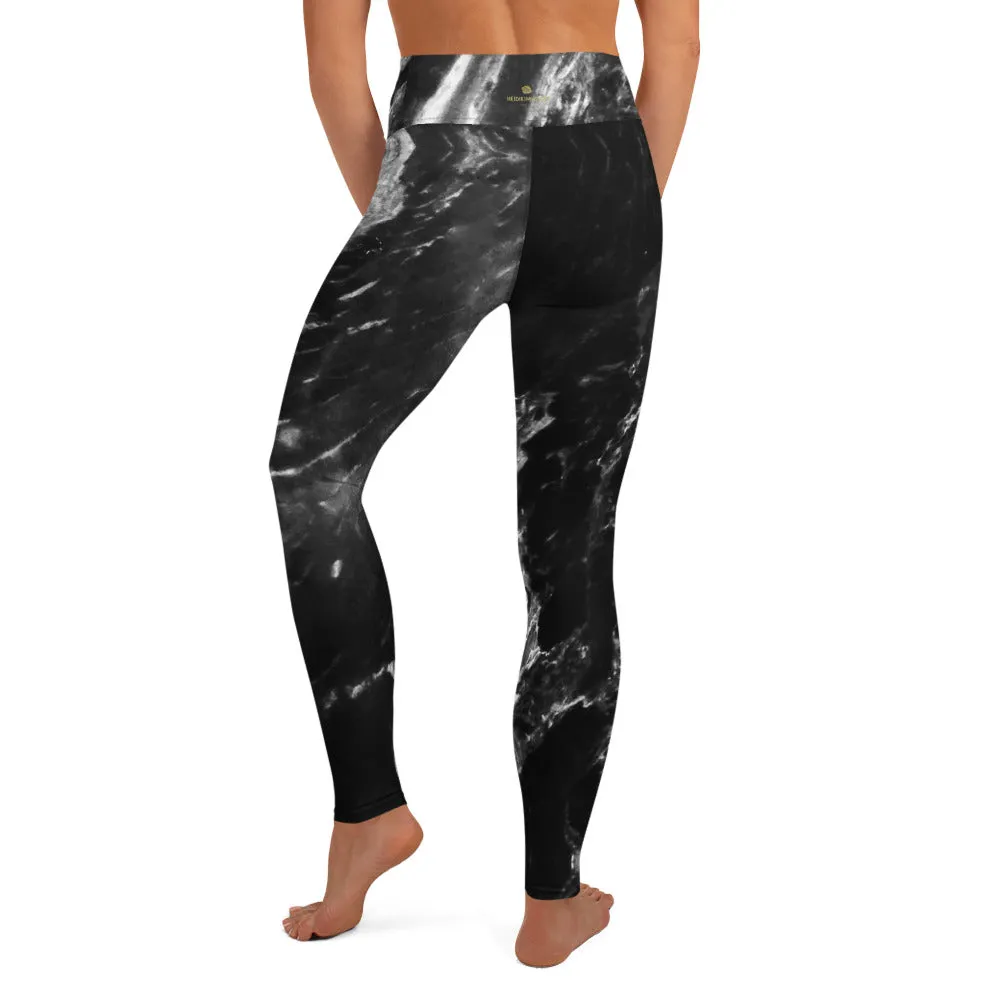 Black Abstract Marble Yoga Leggings, Grey White Black Marbled Print Women's Tights-Made in USA/EU