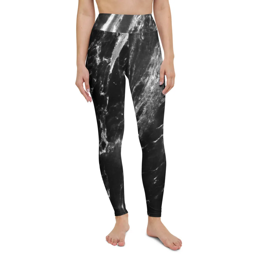 Black Abstract Marble Yoga Leggings, Grey White Black Marbled Print Women's Tights-Made in USA/EU