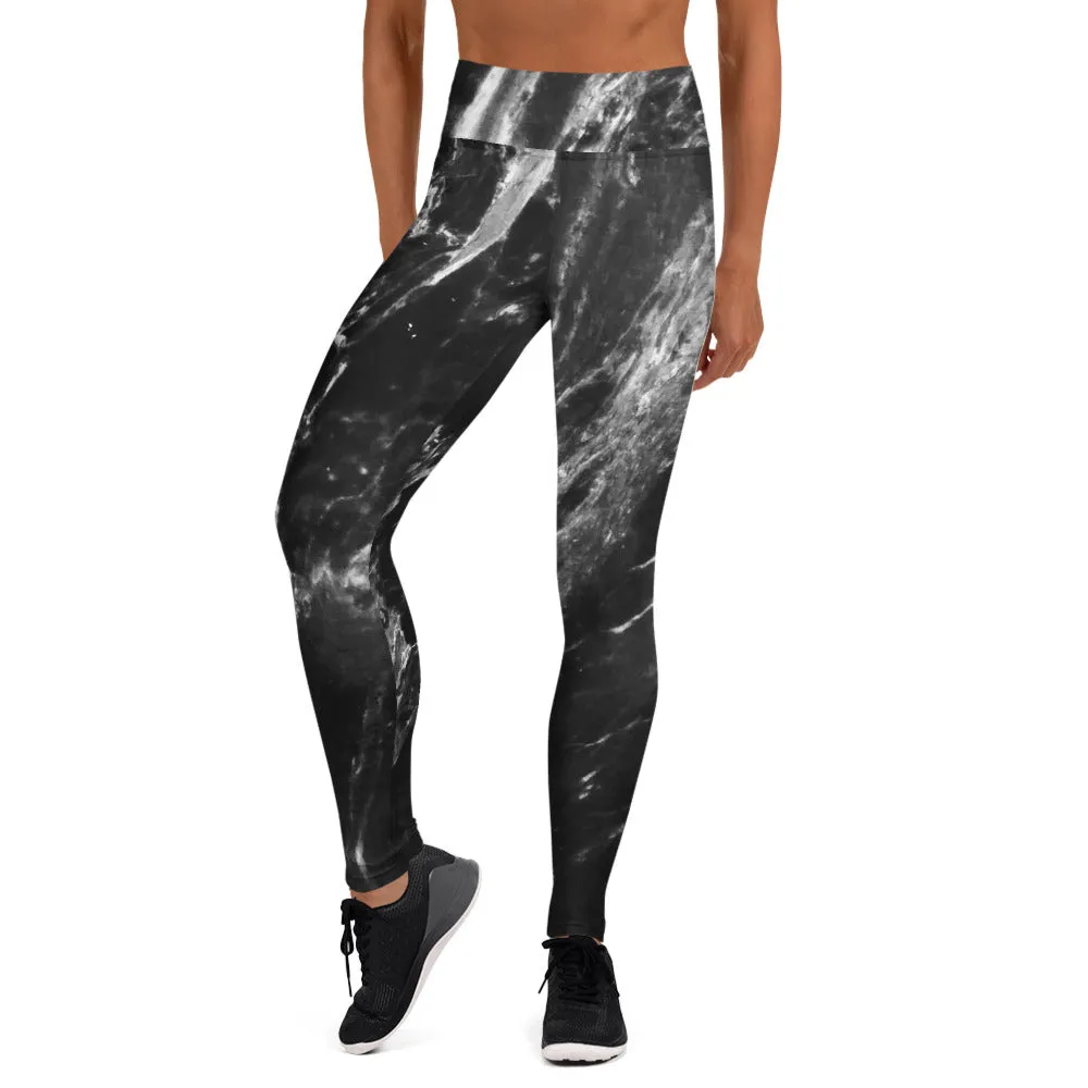 Black Abstract Marble Yoga Leggings, Grey White Black Marbled Print Women's Tights-Made in USA/EU