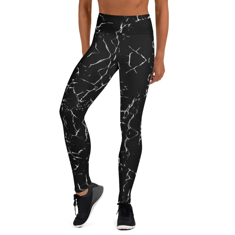 Black Abstract Yoga Leggings, Marble Print Women's Long Gym Tights-Made in USA/EU/MX