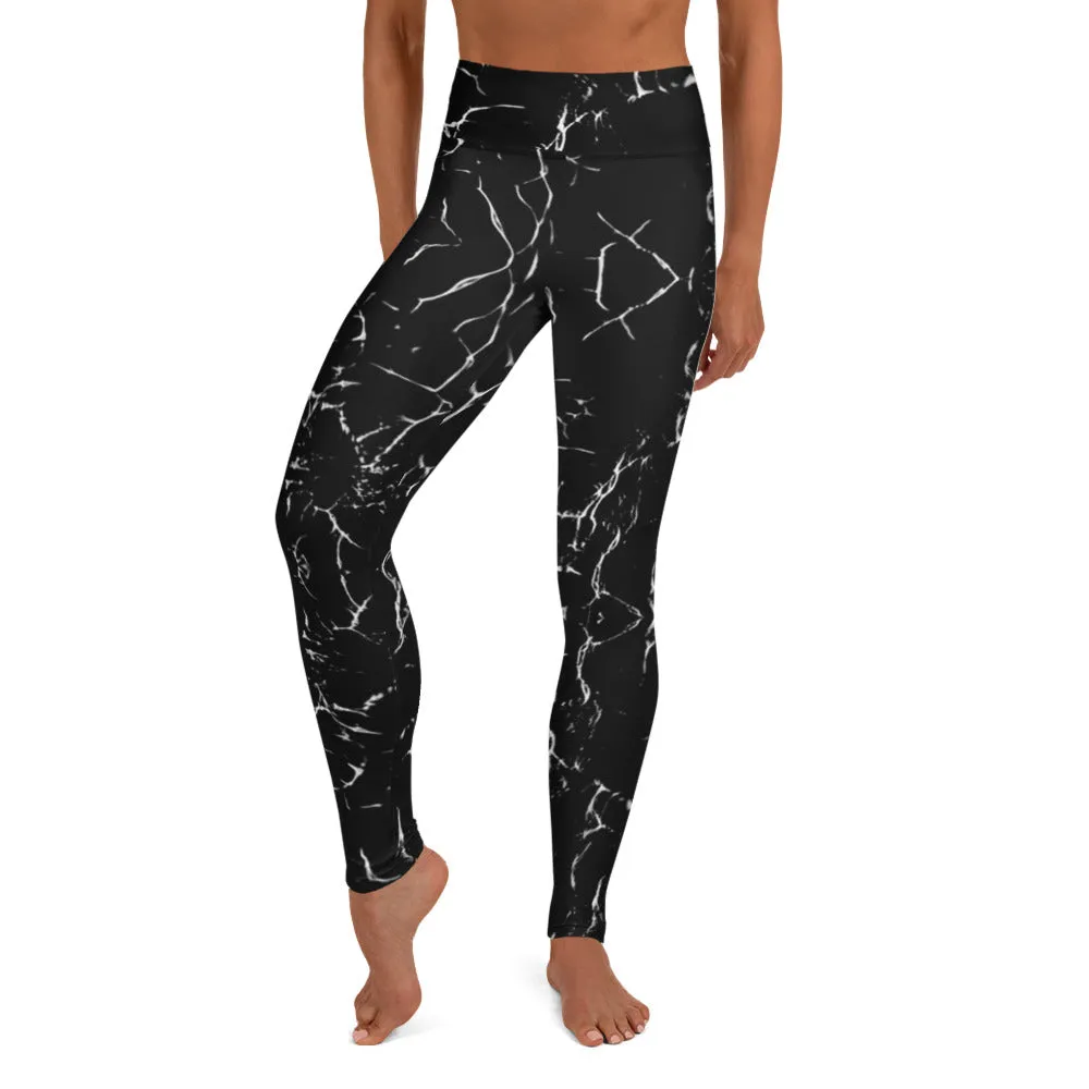 Black Abstract Yoga Leggings, Marble Print Women's Long Gym Tights-Made in USA/EU/MX