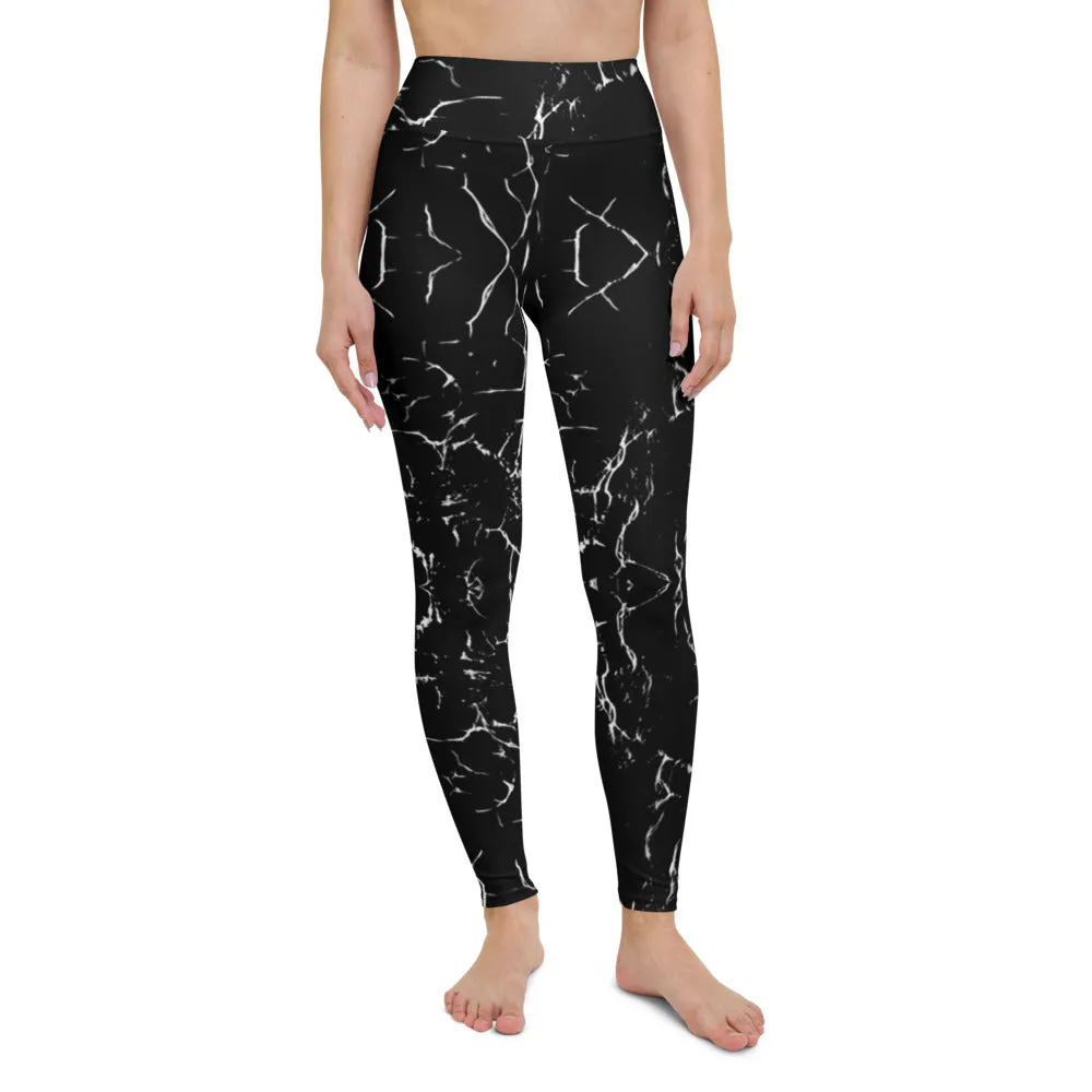 Black Abstract Yoga Leggings, Marble Print Women's Long Gym Tights-Made in USA/EU/MX