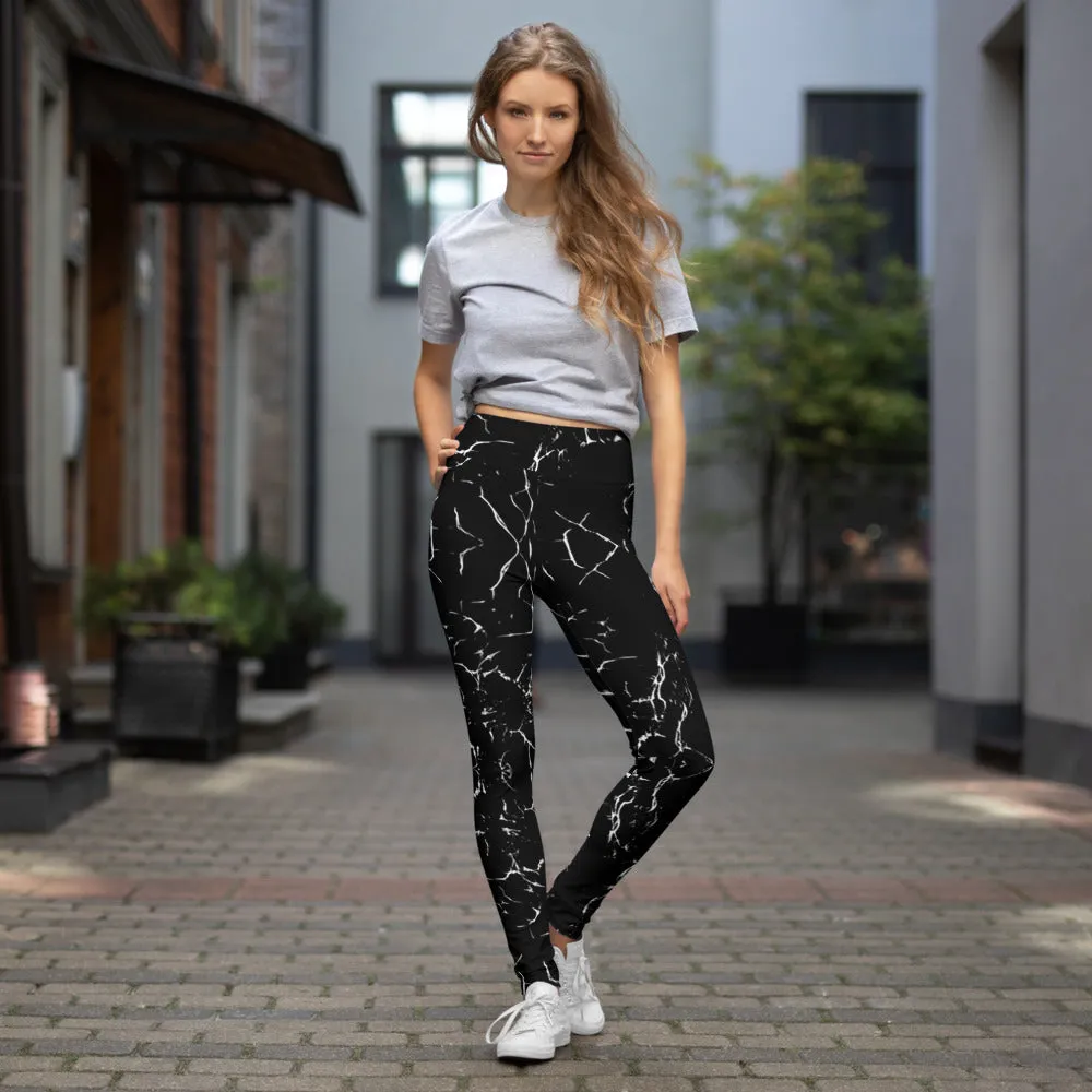 Black Abstract Yoga Leggings, Marble Print Women's Long Gym Tights-Made in USA/EU/MX