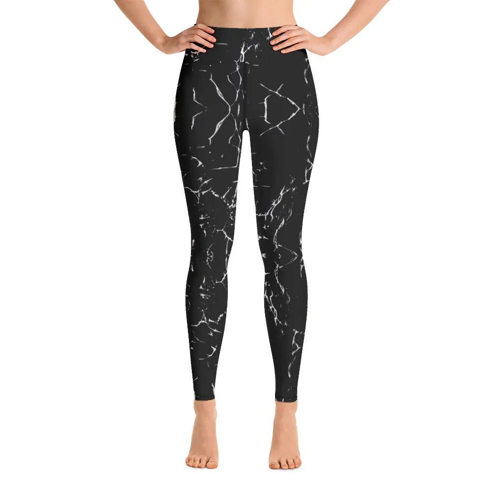 Black Abstract Yoga Leggings, Marble Print Women's Long Gym Tights-Made in USA/EU/MX