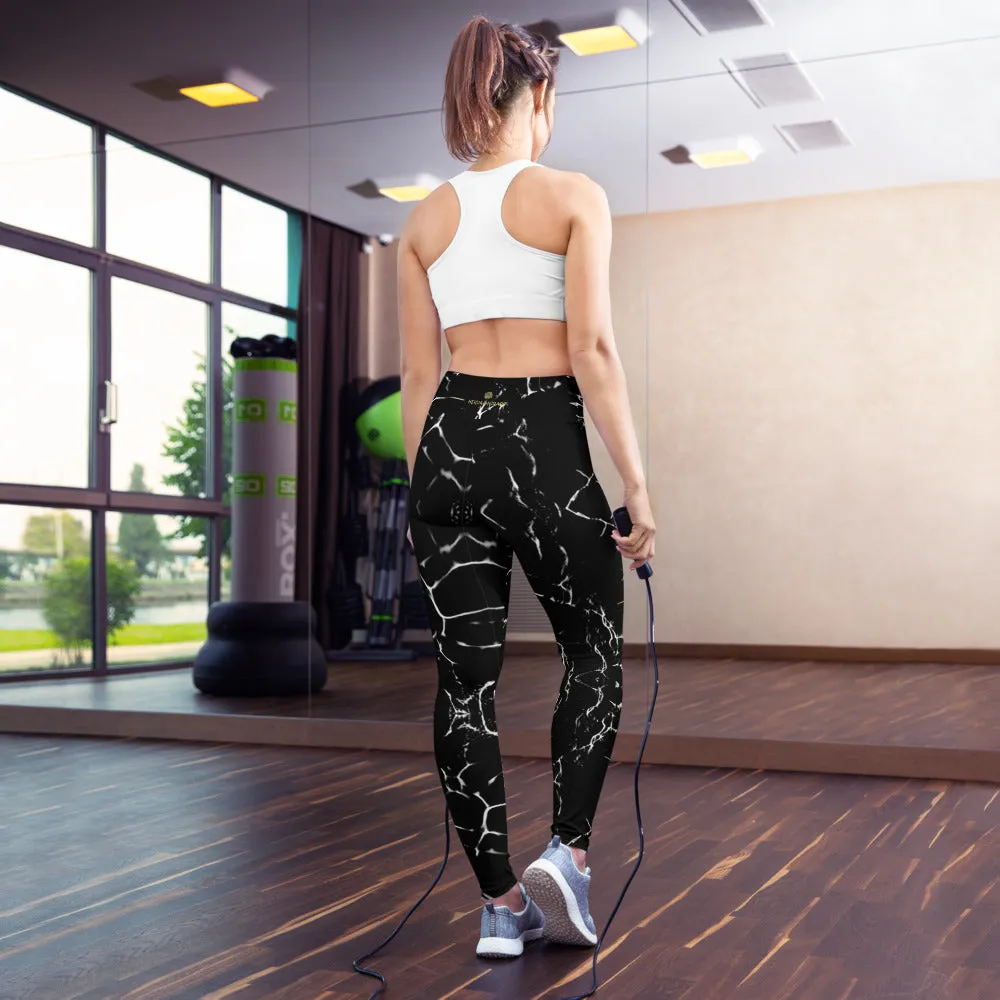 Black Abstract Yoga Leggings, Marble Print Women's Long Gym Tights-Made in USA/EU/MX