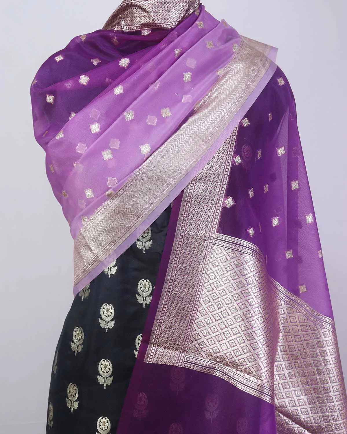 Black Banarasi Silk Suit With Purple Banarasi Organza Dupatta