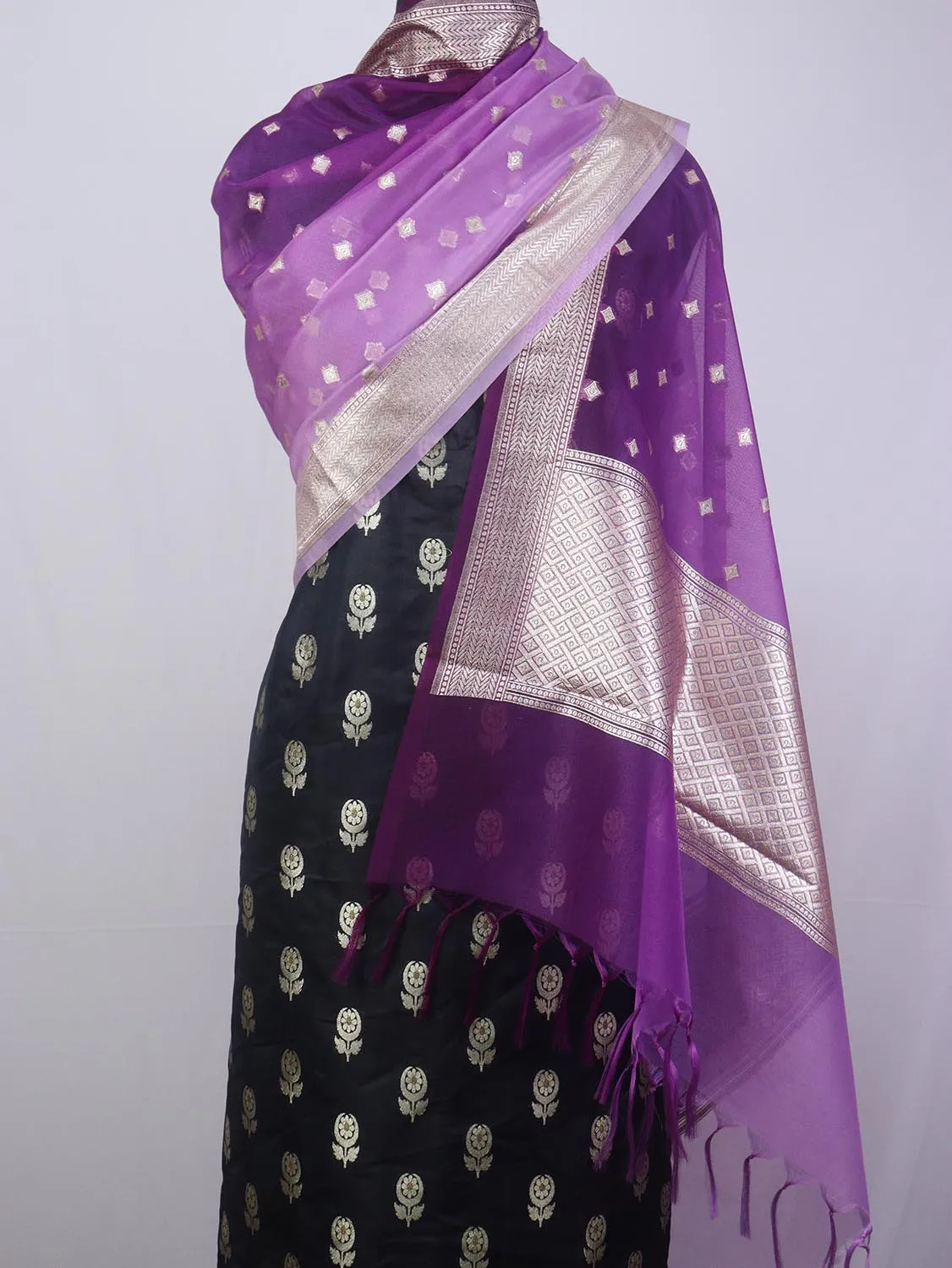 Black Banarasi Silk Suit With Purple Banarasi Organza Dupatta