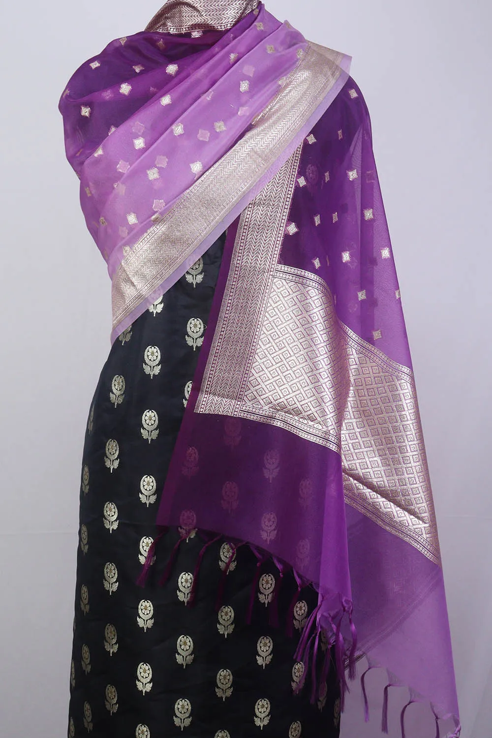 Black Banarasi Silk Suit With Purple Banarasi Organza Dupatta