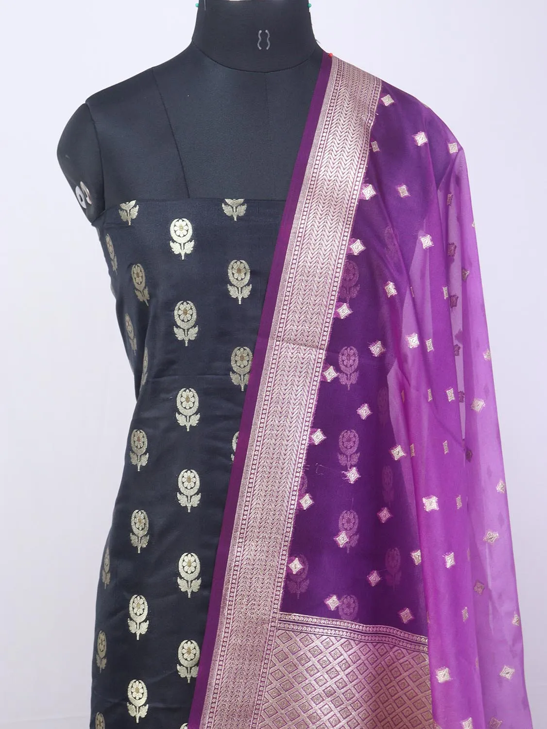 Black Banarasi Silk Suit With Purple Banarasi Organza Dupatta