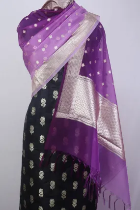 Black Banarasi Silk Suit With Purple Banarasi Organza Dupatta