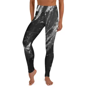 Black Marble Print Yoga Leggings, Grey Marbled Women's Long Yoga Tights-Made in USA/EU/MX