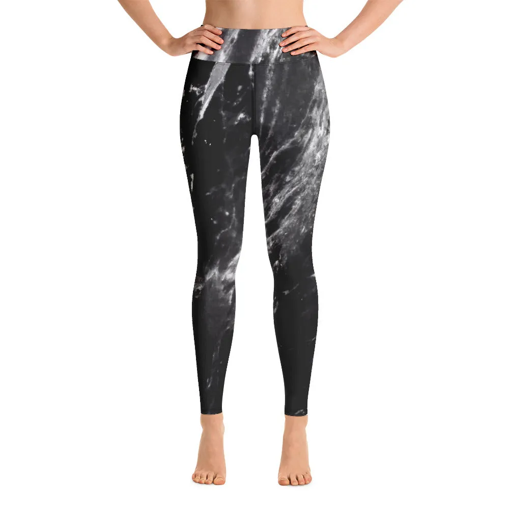 Black Marble Print Yoga Leggings, Grey Marbled Women's Long Yoga Tights-Made in USA/EU/MX