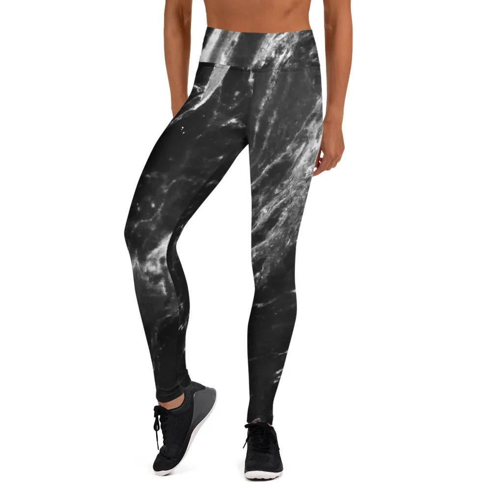 Black Marble Print Yoga Leggings, Grey Marbled Women's Long Yoga Tights-Made in USA/EU/MX