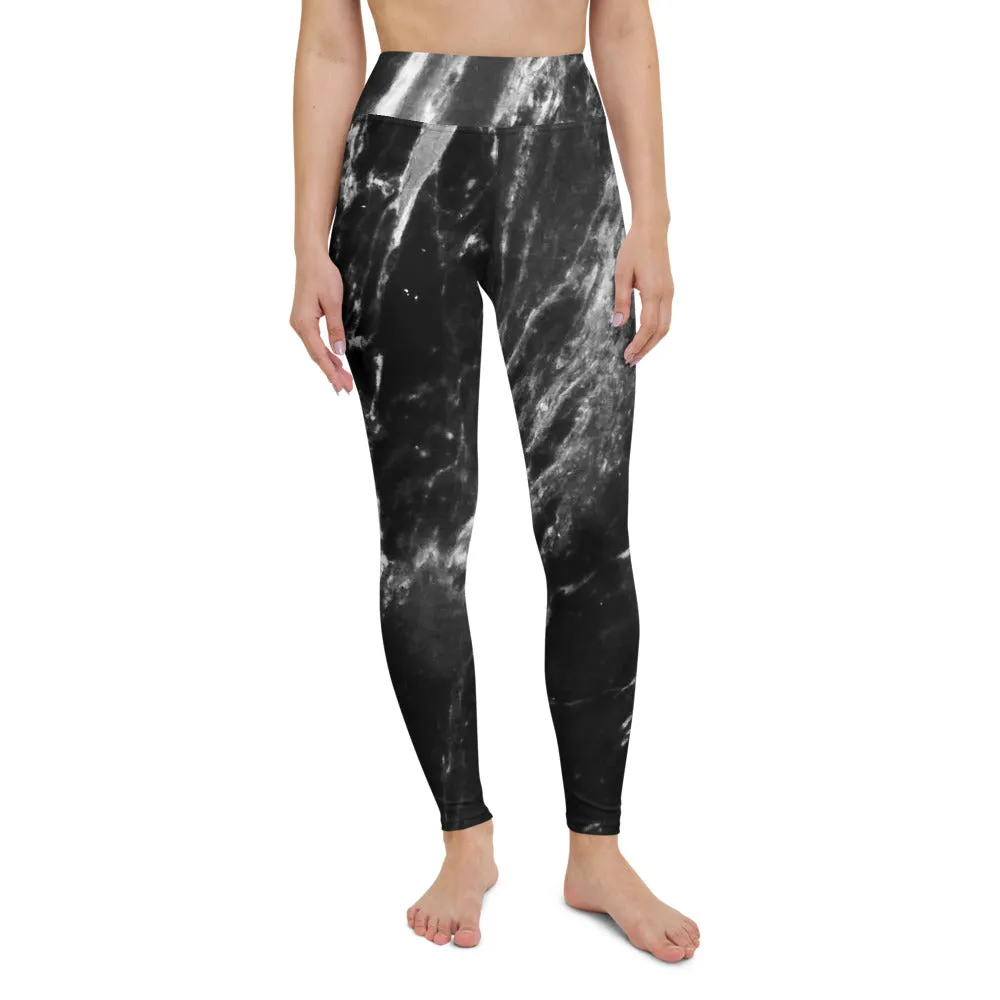 Black Marble Print Yoga Leggings, Grey Marbled Women's Long Yoga Tights-Made in USA/EU/MX