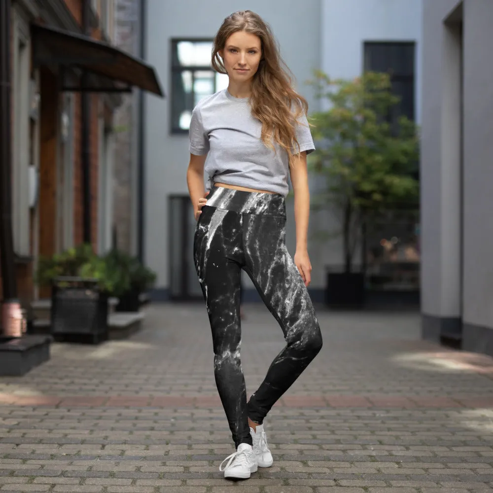 Black Marble Print Yoga Leggings, Grey Marbled Women's Long Yoga Tights-Made in USA/EU/MX