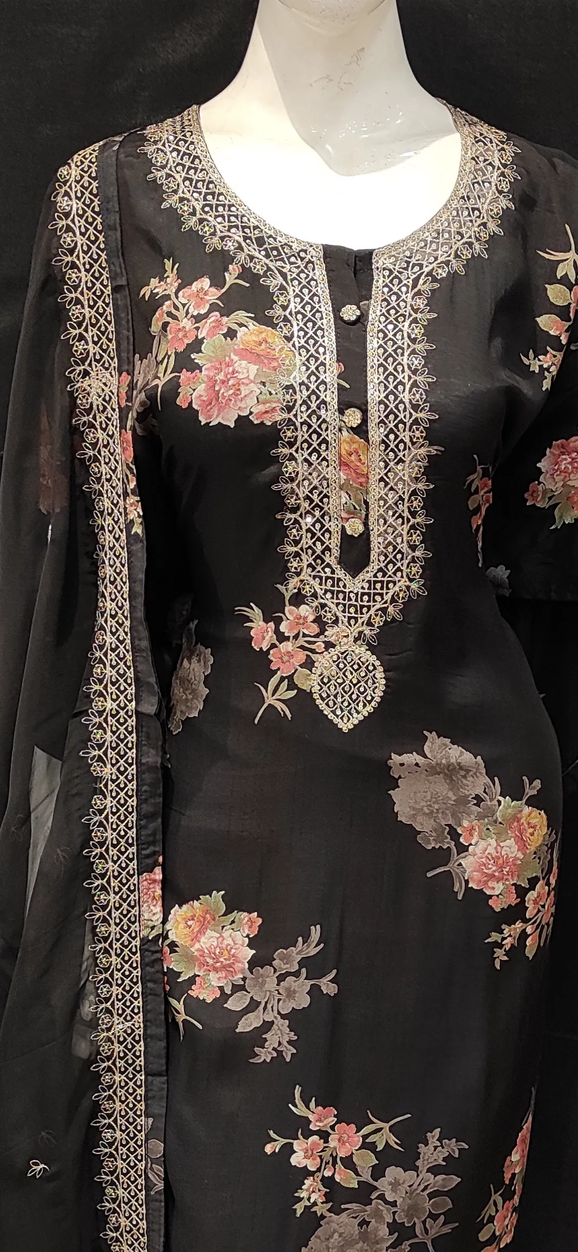 Black Printed Semi Stitched Suit with Dupatta