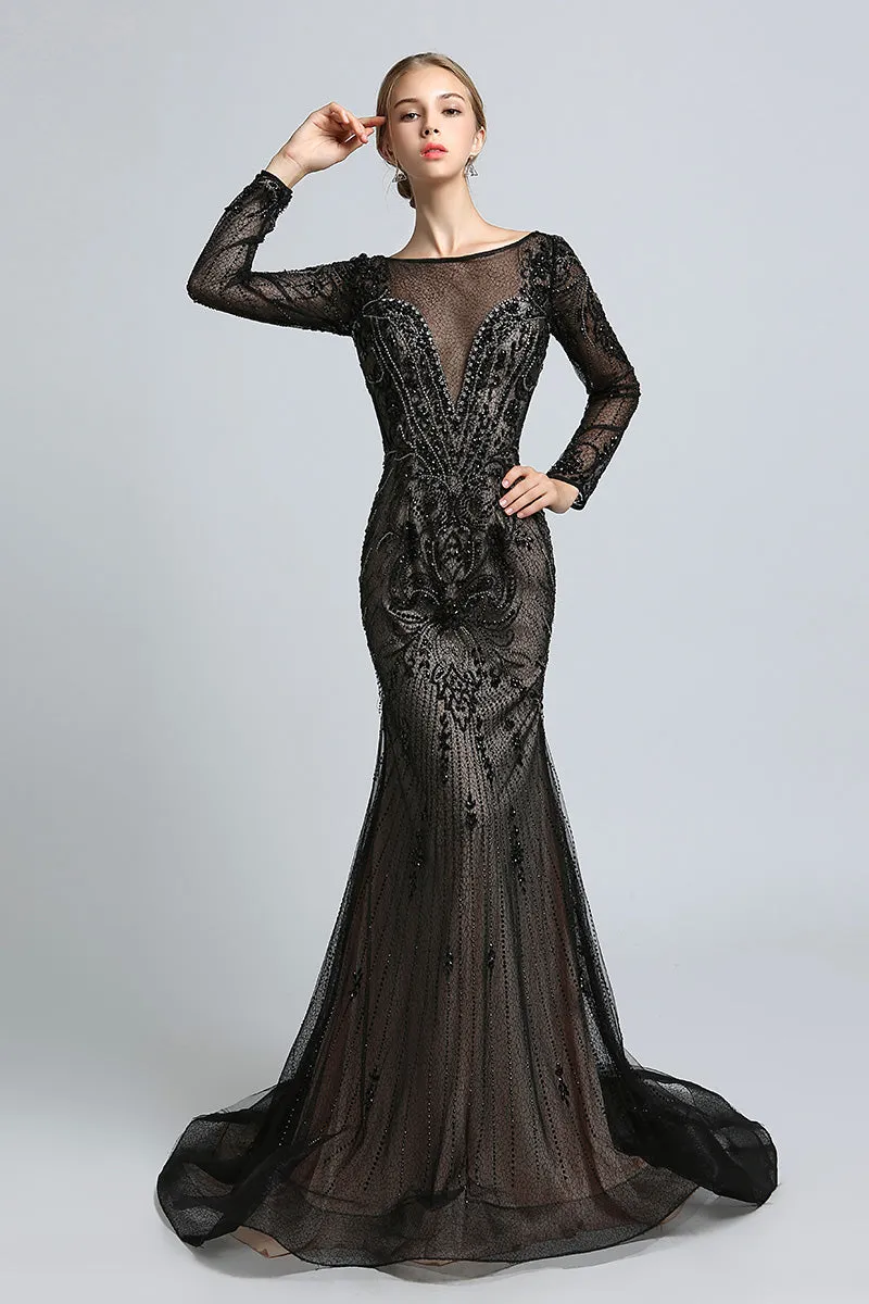 Black Sexy Mermaid Long Sleeves Beaded Evening Dress Formal Prom Dress, BS42