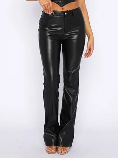 Chestnut PU Leather High Waist Straight Pants