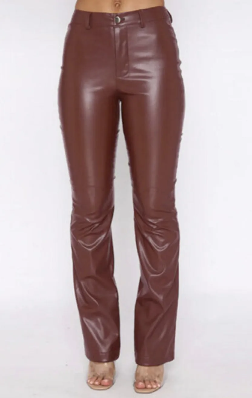 Chestnut PU Leather High Waist Straight Pants