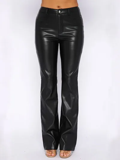 Chestnut PU Leather High Waist Straight Pants