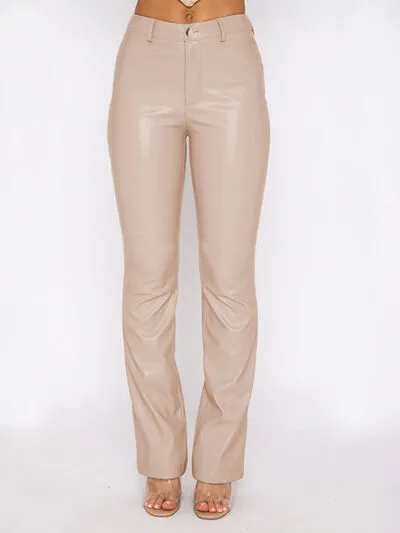 Chestnut PU Leather High Waist Straight Pants