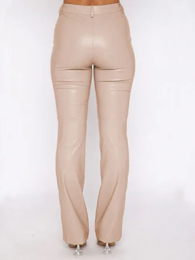 Chestnut PU Leather High Waist Straight Pants