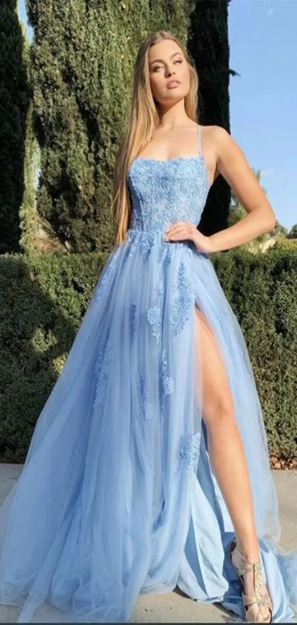 Elegant A-Line Square Sleeveless Side Slit Appliques Lace Long Formal Prom Dresses,Evening Gowns,WGP327