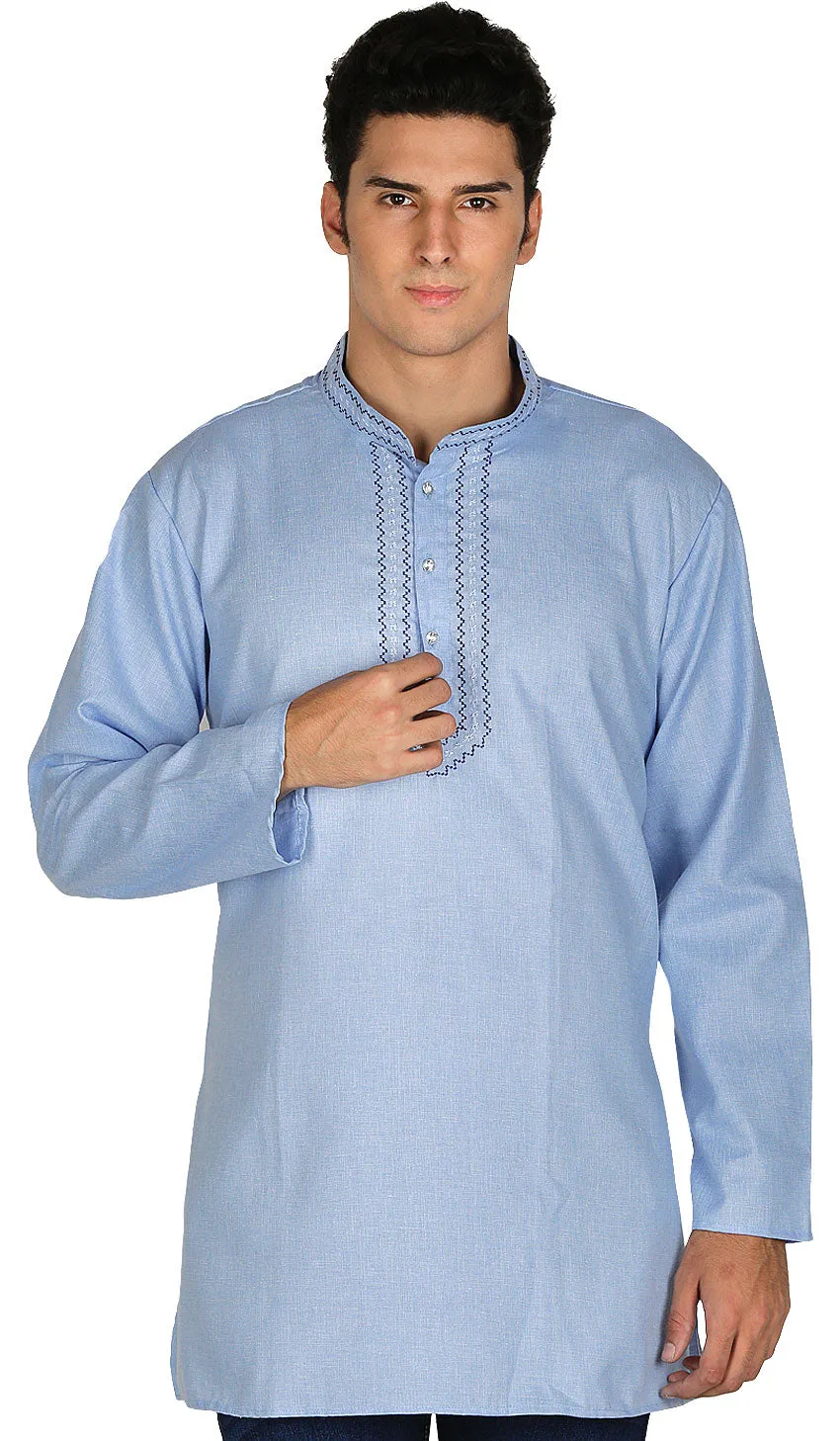 Embroidered Cotton Dress Mens Short Kurta Shirt India Clothing (Sky Blue)