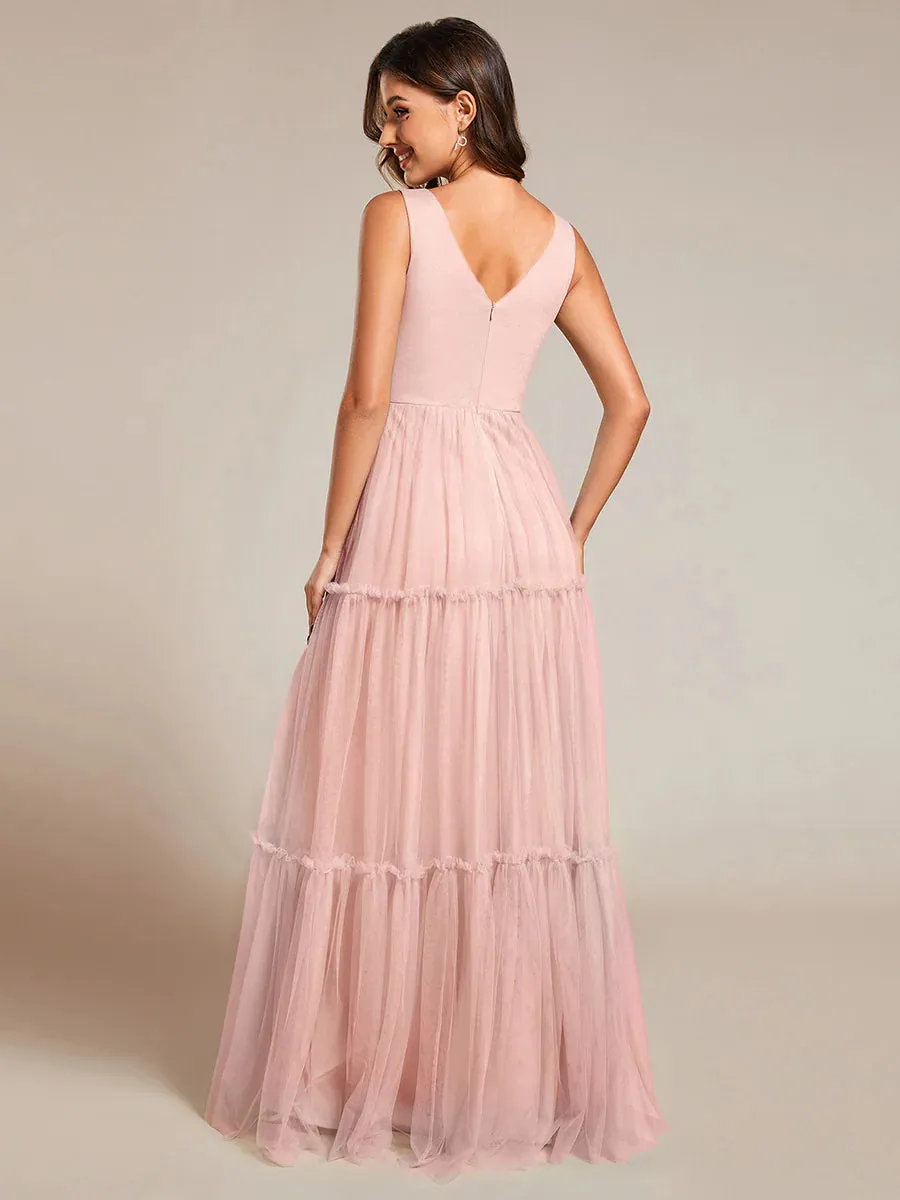 Embroidery V Neck Chiffon Evening Dress With Sleeveless