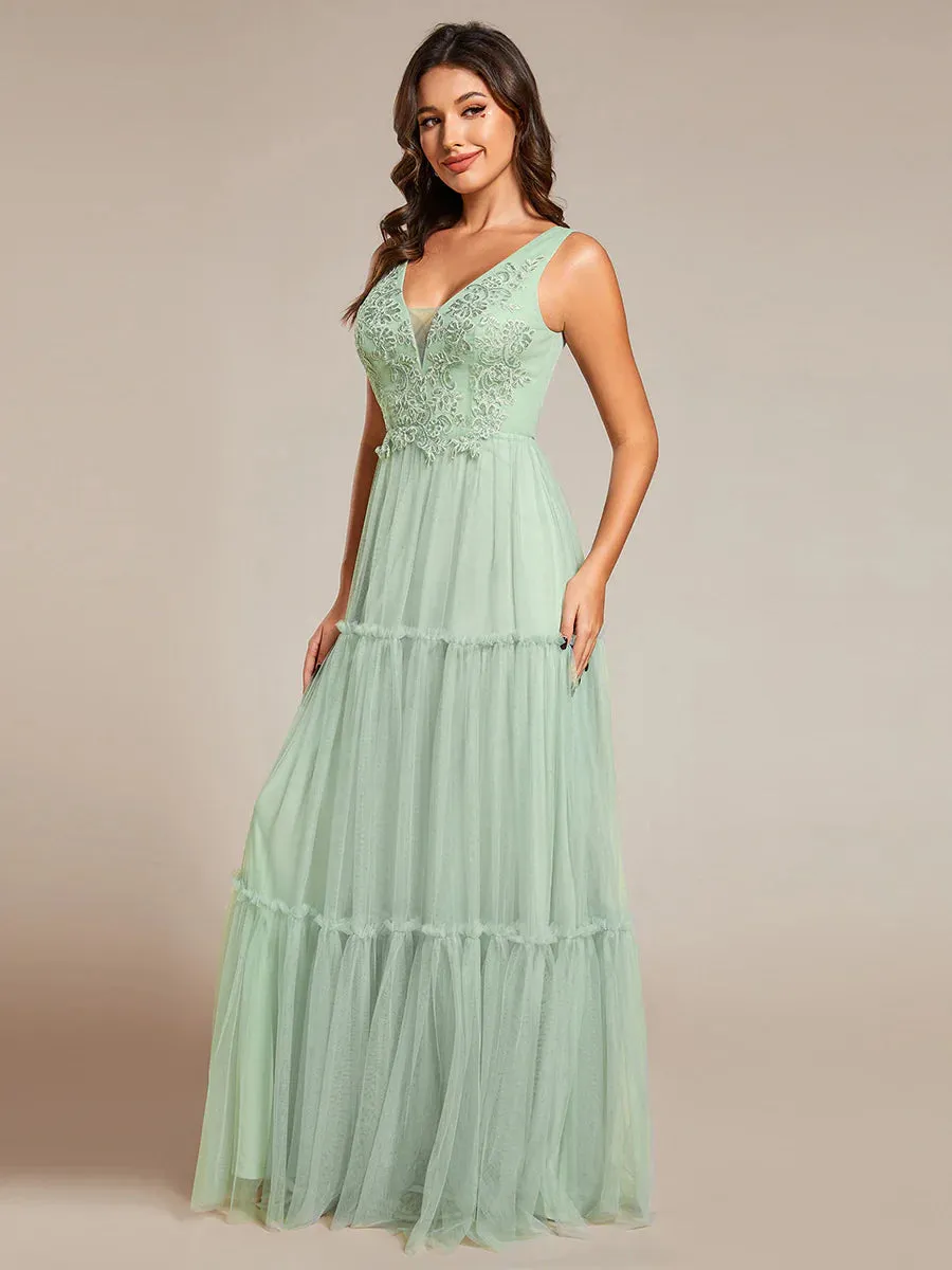 Embroidery V Neck Chiffon Evening Dress With Sleeveless