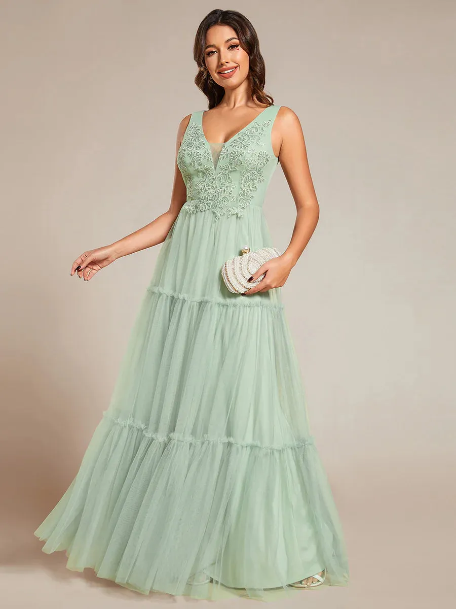 Embroidery V Neck Chiffon Evening Dress With Sleeveless