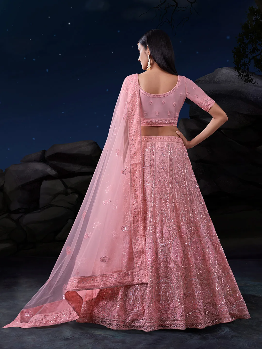 Exquisite Pink Lehenga Set with Shimmering Embellishments